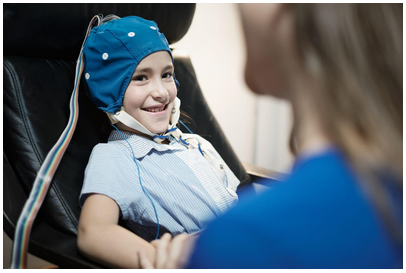 Young child with an electrode cap on participating in neurofeedback therapy in NYC. Retrain your brain to help process challenges related to ADHD and ADHD related mental health concerns. Learn more here.