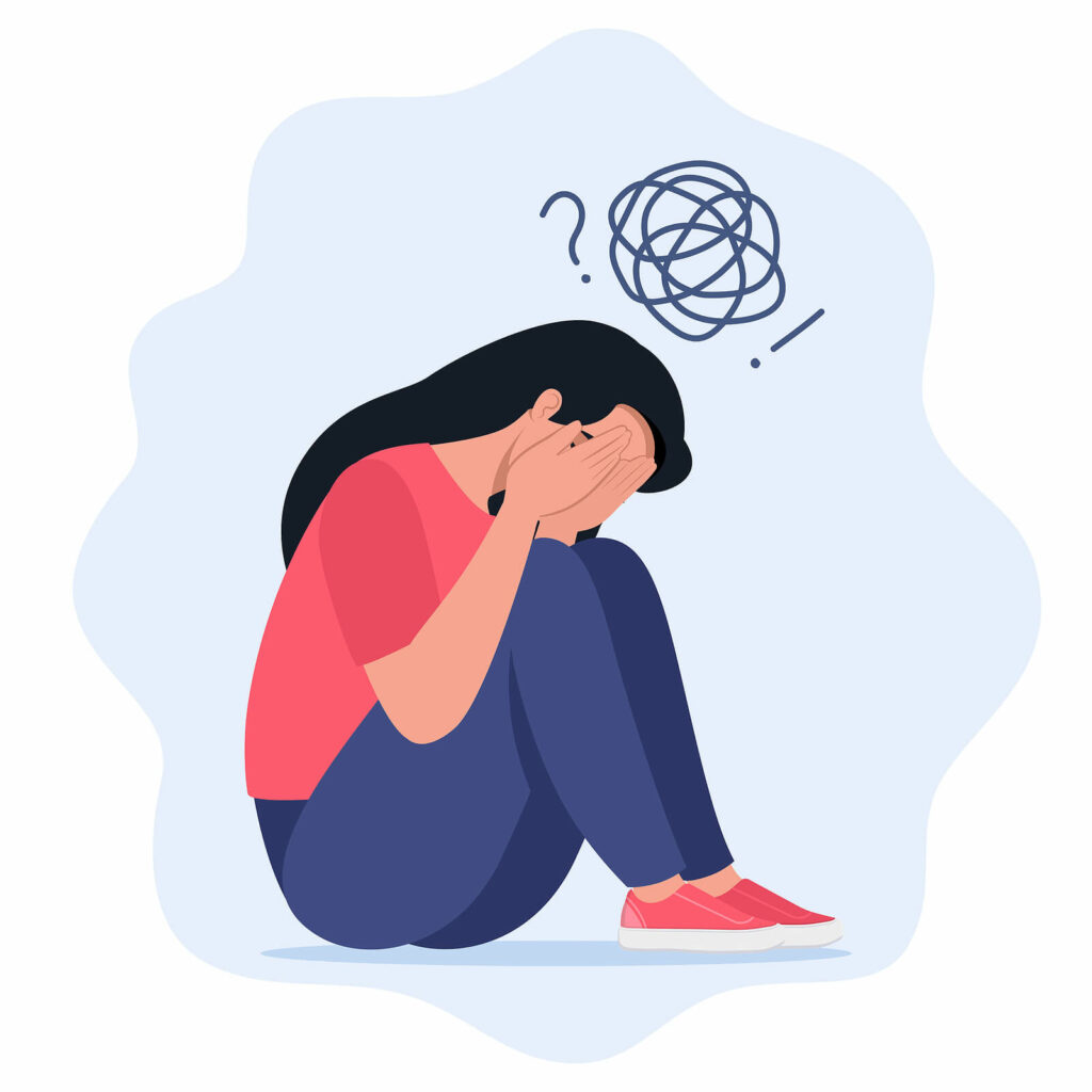 Sketch of a woman with her hands on her knees with a confused thought bubble above her head representing someone dealing with ruminating thoughts who would benefit from ADHD-Focused Therapy for Anxiety in NY, NY.