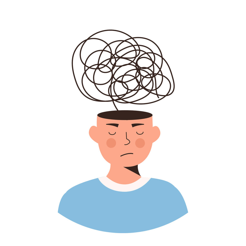 A graphic of a person with a concerned expression and cluttered thoughts. This could represent the support an ADHD therapist in NYC can offer with mindfulness and ADHD in New York, NY. Learn more about ADHD focused therapy in NYC by searching “mindfulness adhd new york, ny” today.